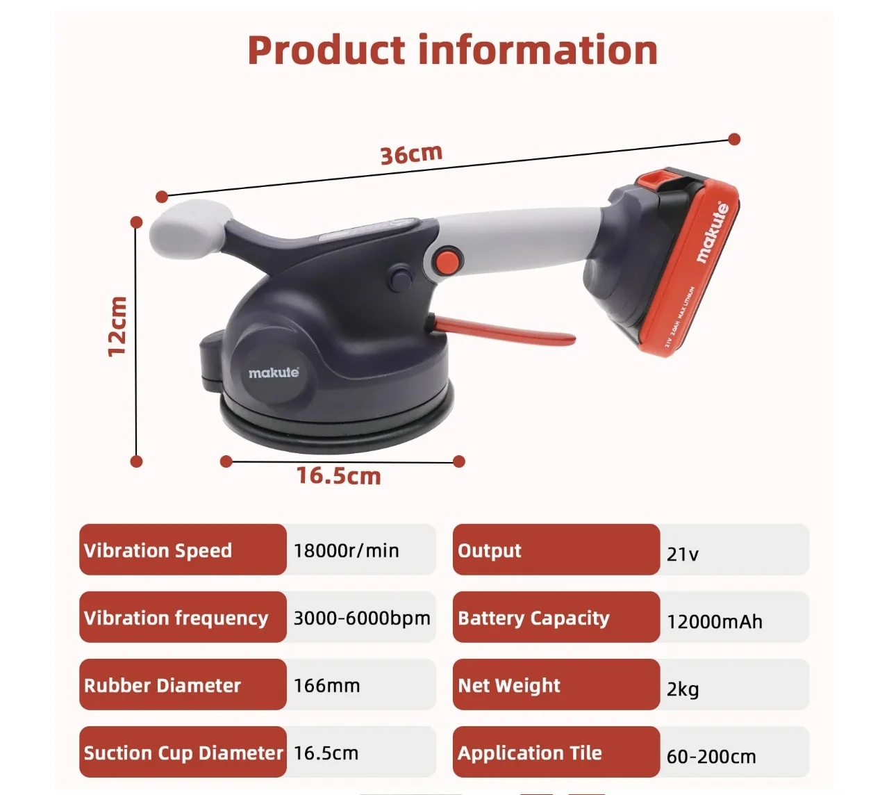 الة شفط و وضع السيراميك Ventouse vibrante Carrelage MAKUTE 21V TV1661 4